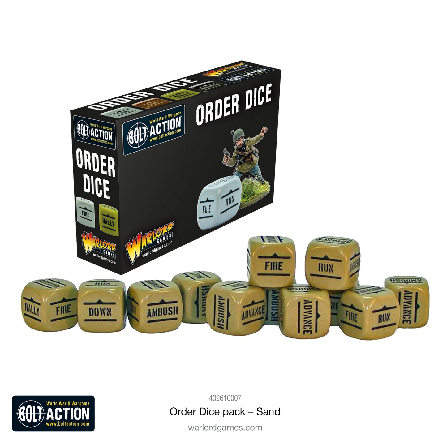 Bolt Action Orders Dice x12 - Sand - New