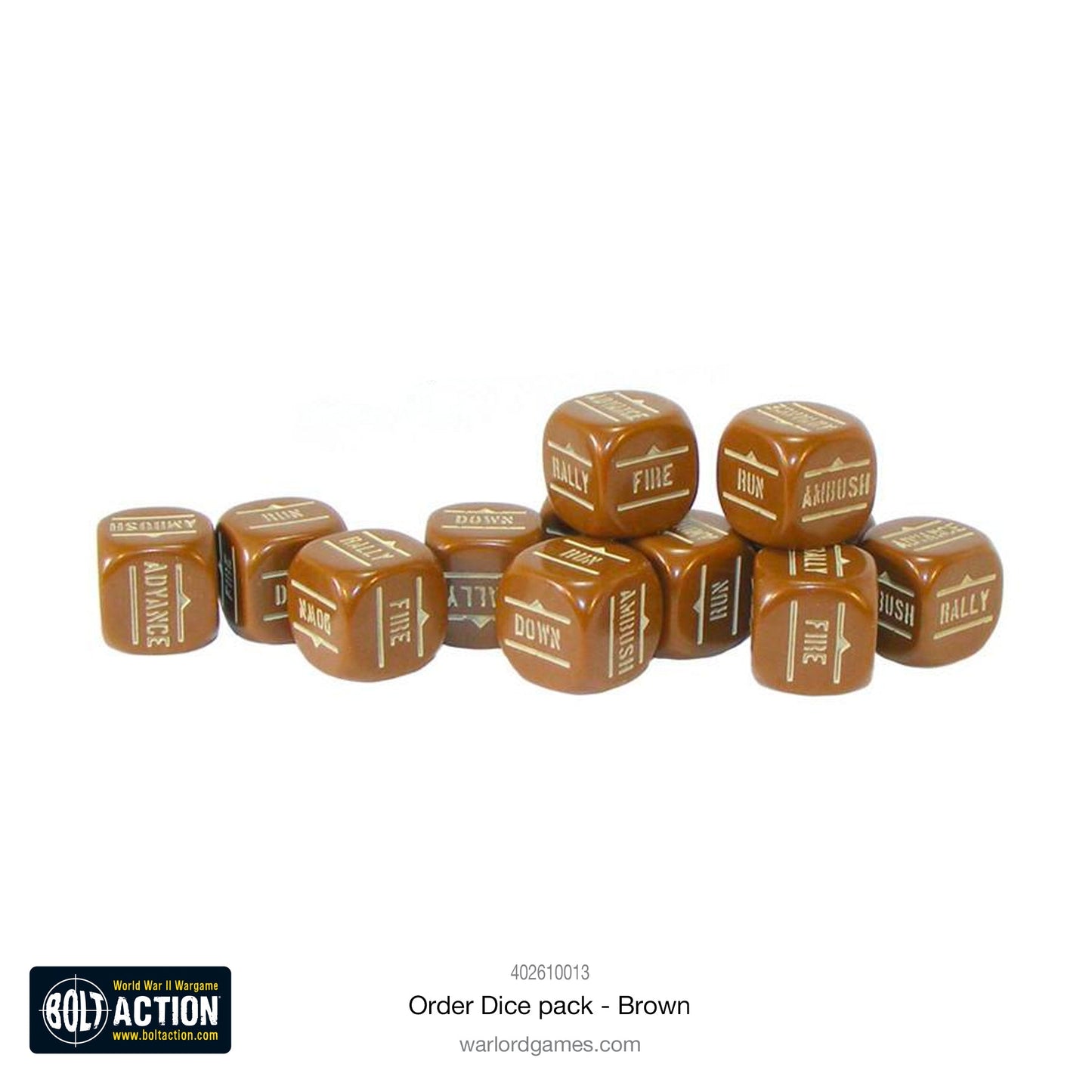 Bolt Action Orders Dice x12 - Brown - New