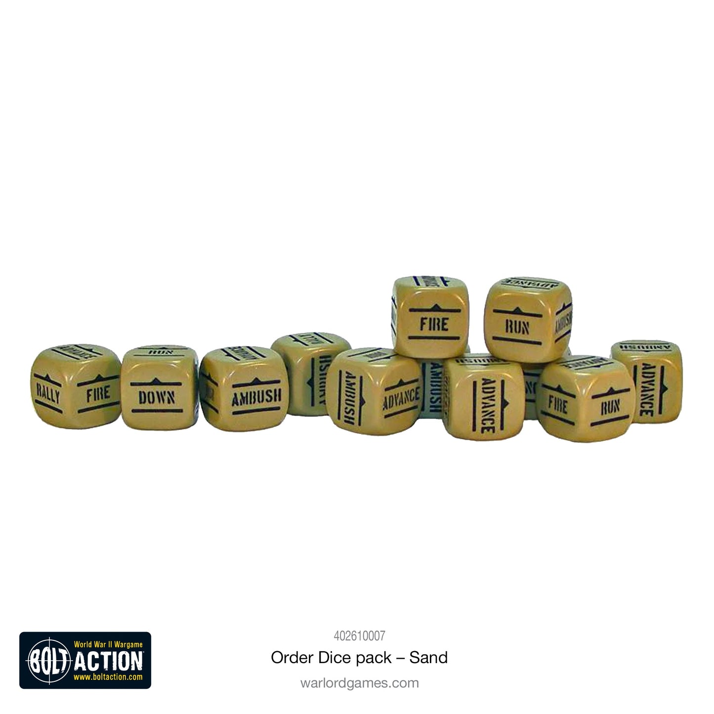 Bolt Action Orders Dice x12 - Sand - New