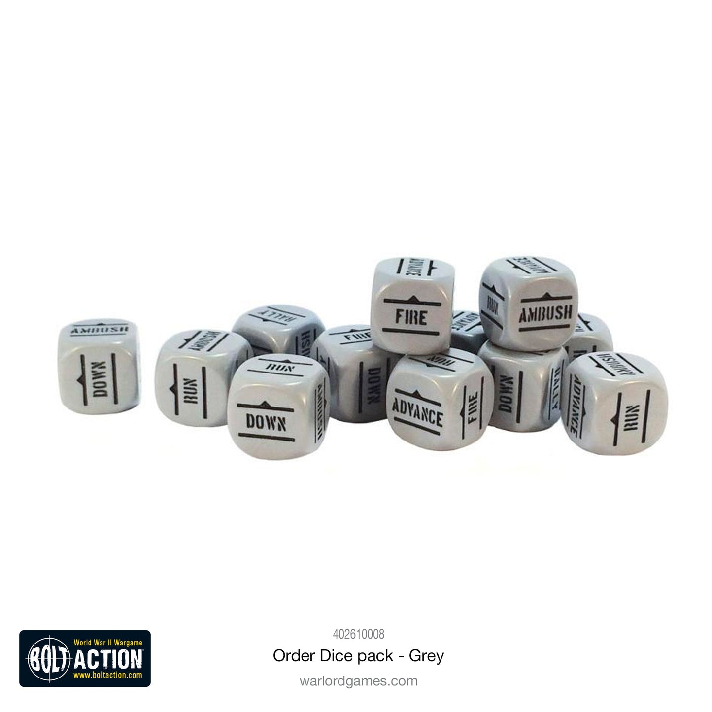 Bolt Action Orders Dice x12 - Grey - New