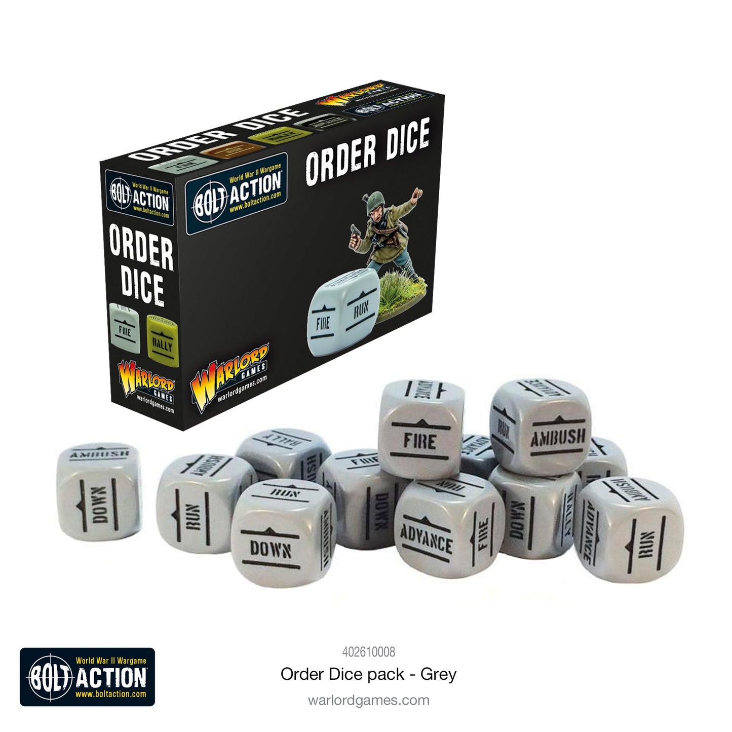 Bolt Action Orders Dice x12 - Grey - New