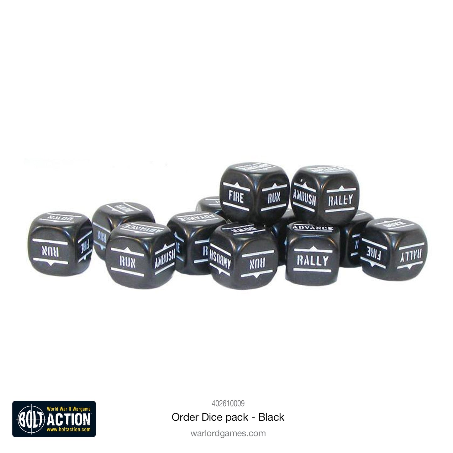 Bolt Action Orders Dice x12 - Black - New