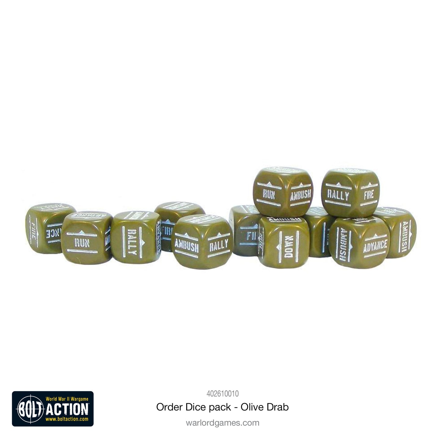 Bolt Action Orders Dice x12 - Olive Drab - New