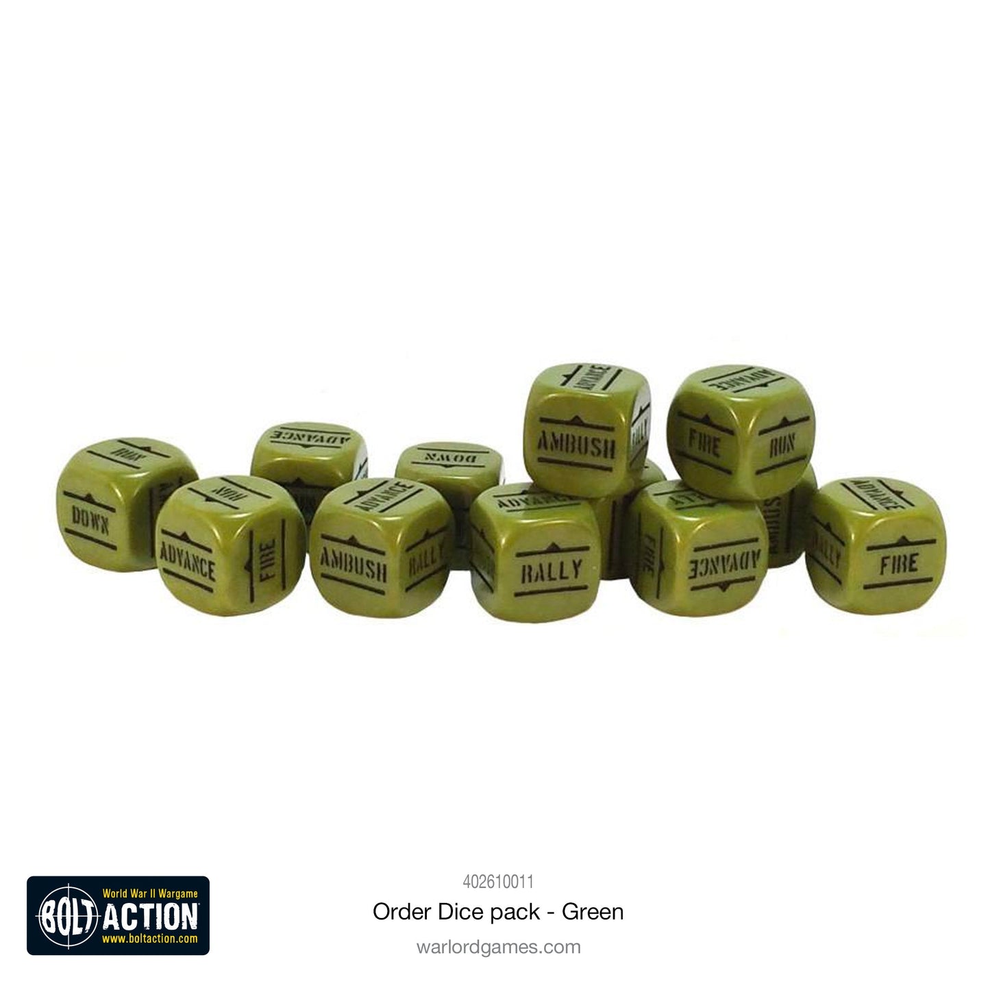 Bolt Action Orders Dice x12 - Green - New