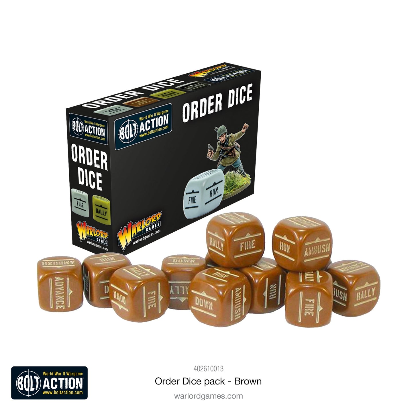 Bolt Action Orders Dice x12 - Brown - New